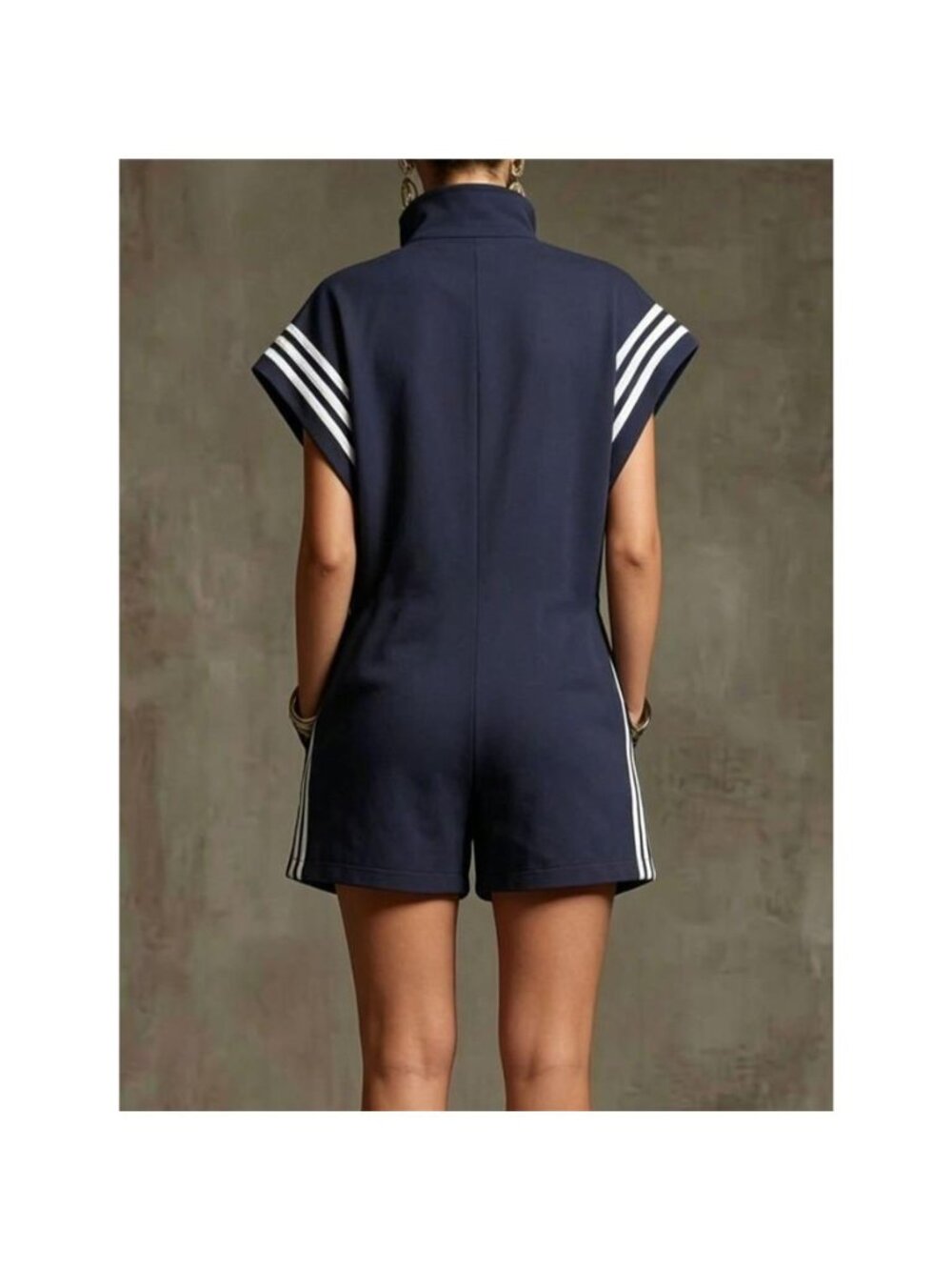Striped Zip Front Short Sleeve Romper - Picture 9 of 15